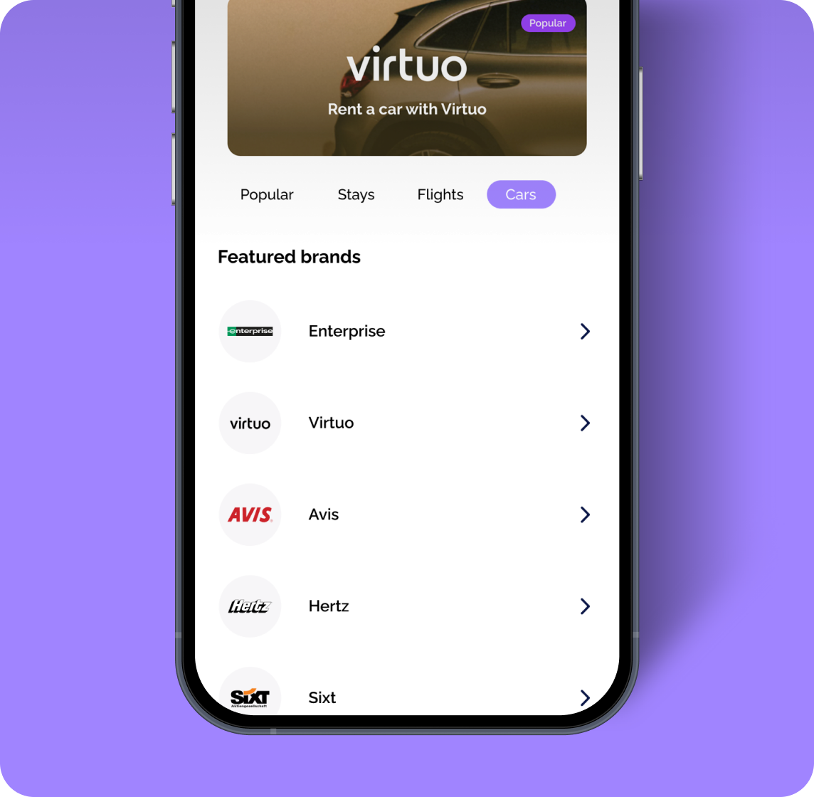 Vuelo app showing featured car rental brands: Enterprise, Virtuo, Avis, Hertz, Sixt
