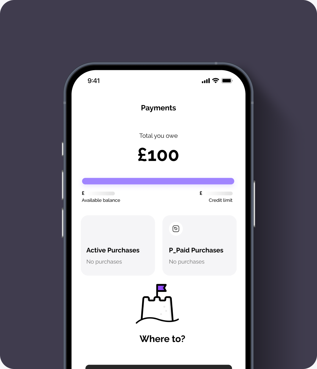Vuelo app payments screen showing available balance and credit limit