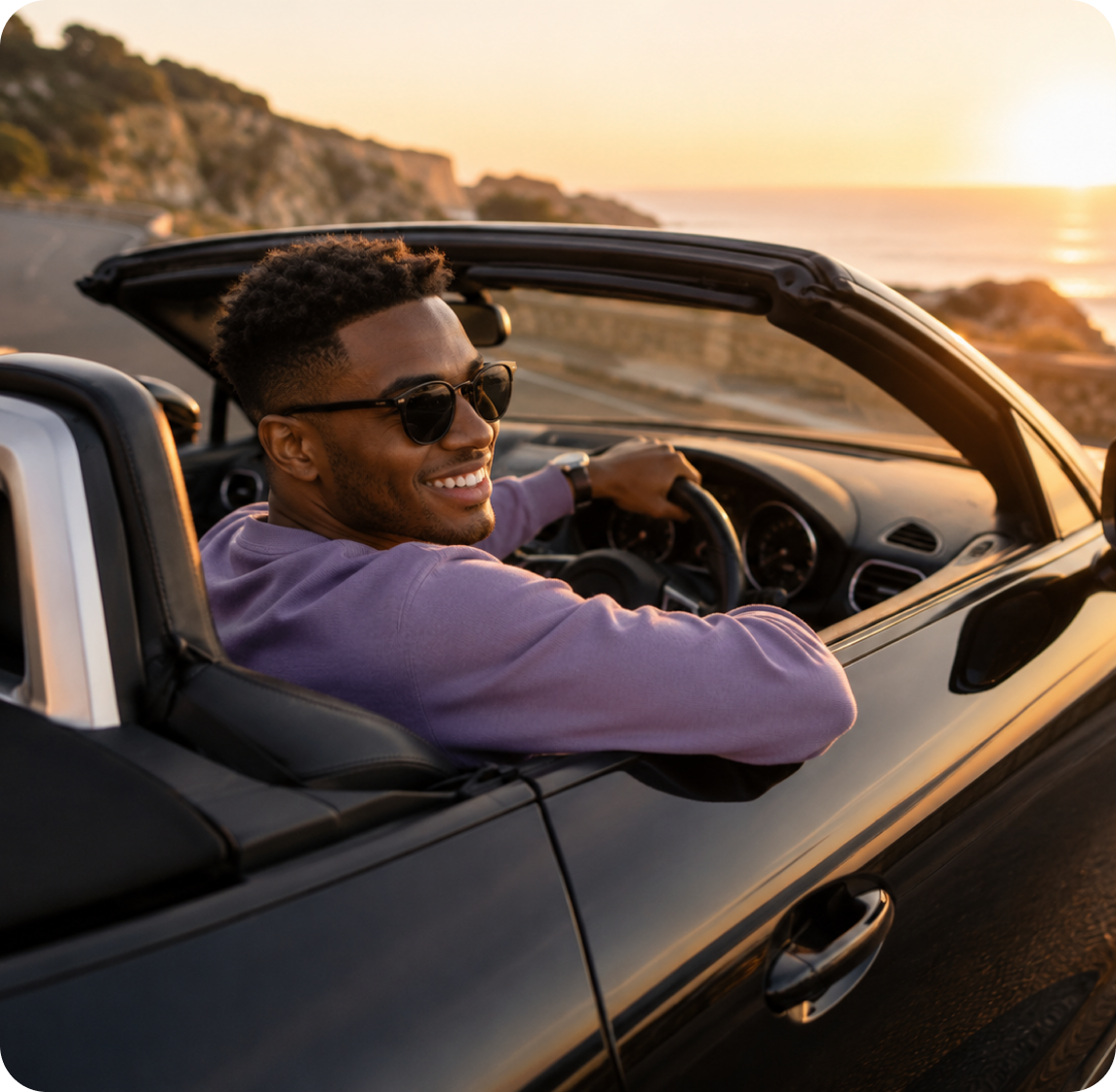 Man smiling at the wheel of a convertible at sunset