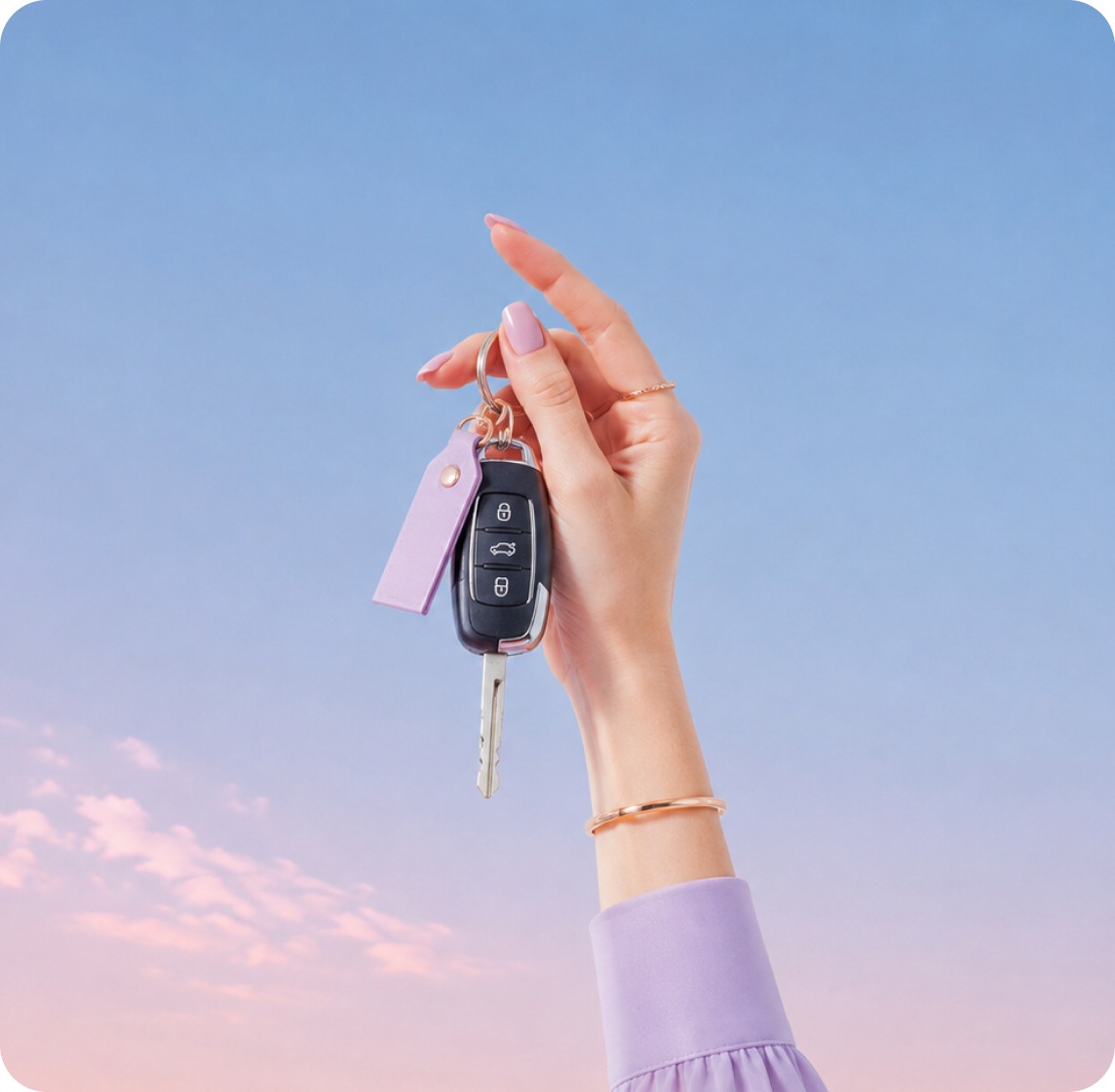 Hand holding a car key against a pastel sky