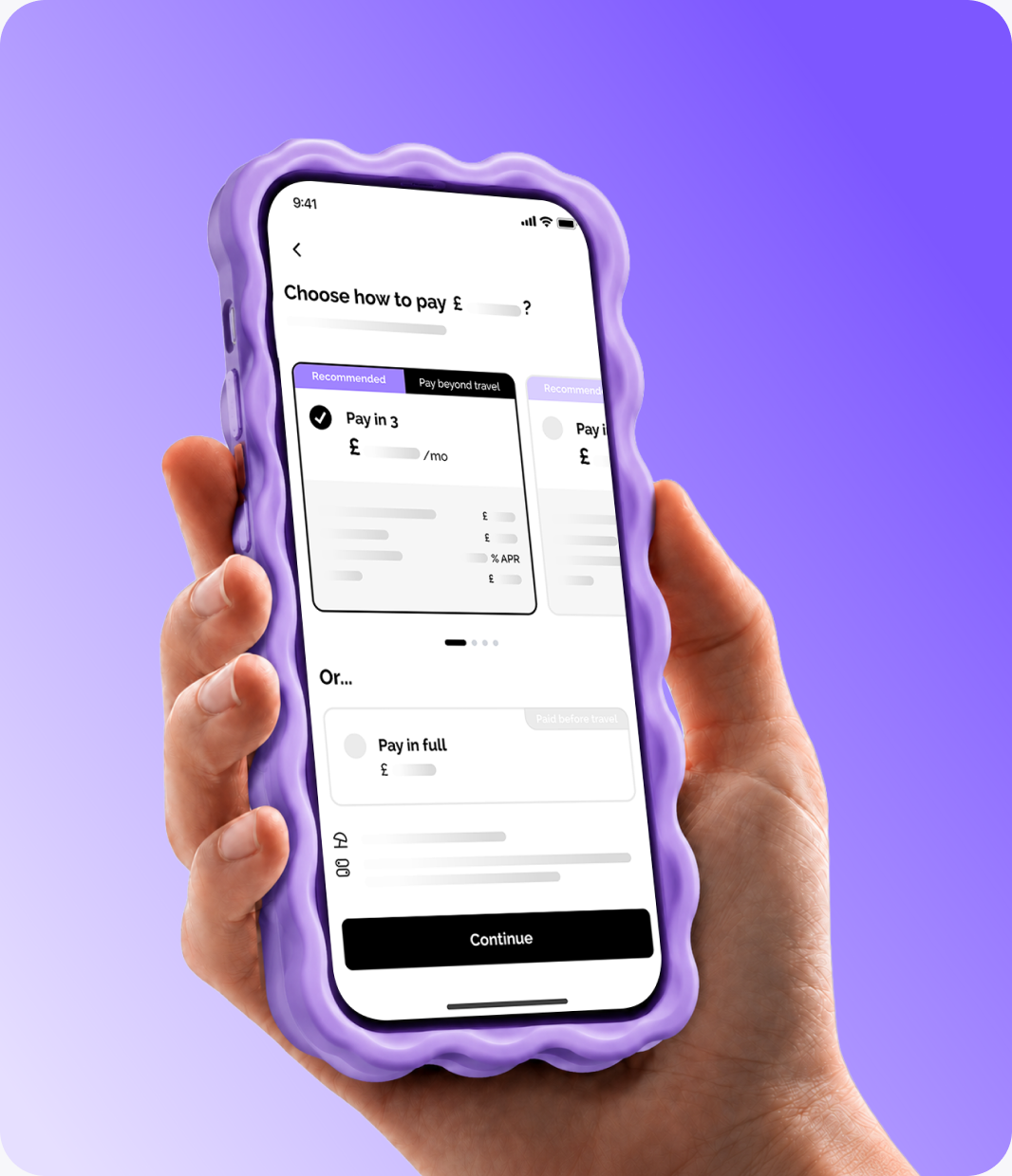 Hand holding a phone choosing how to pay with Vuelo