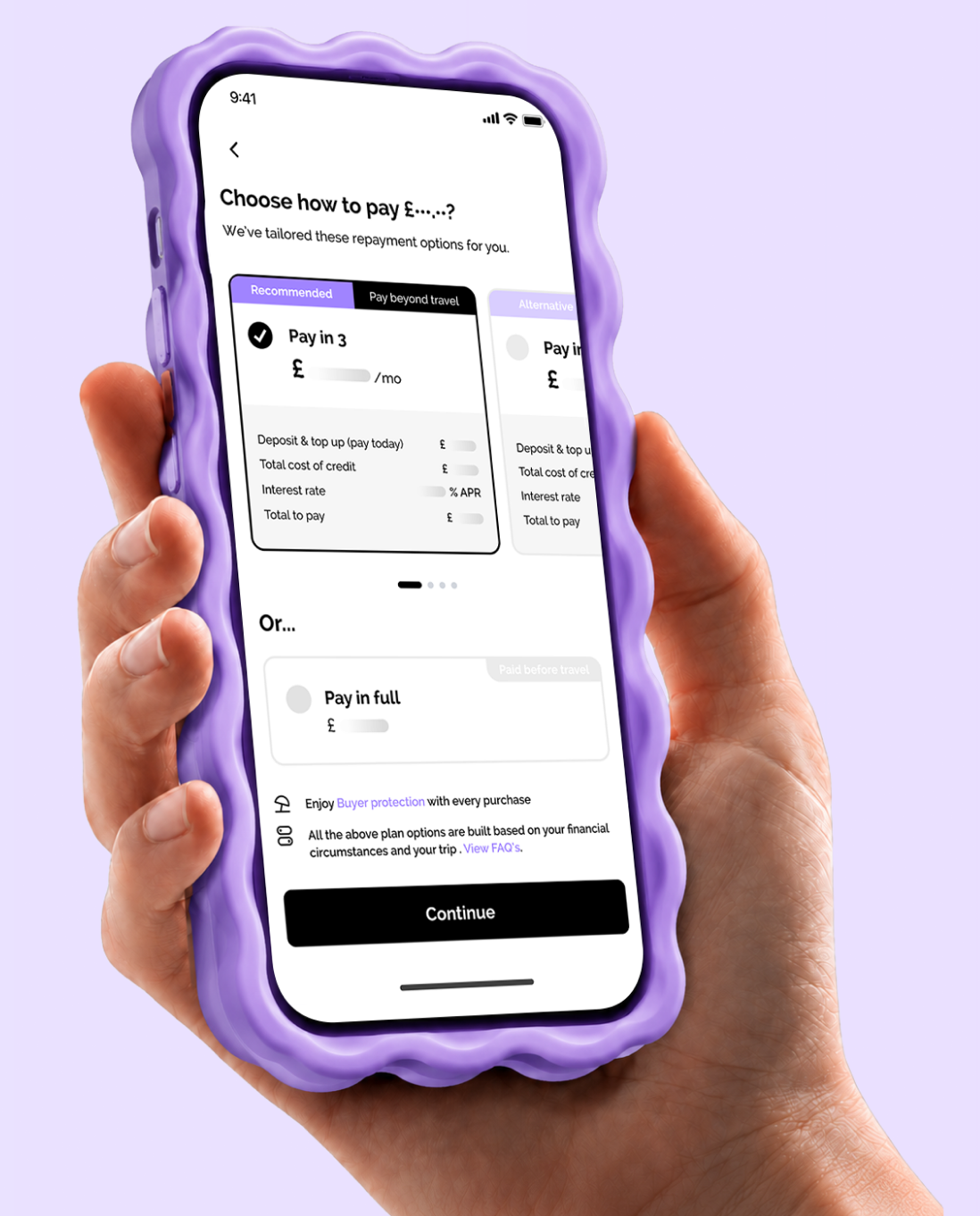 Hand holding a phone showing the Vuelo Pay in 3 checkout screen