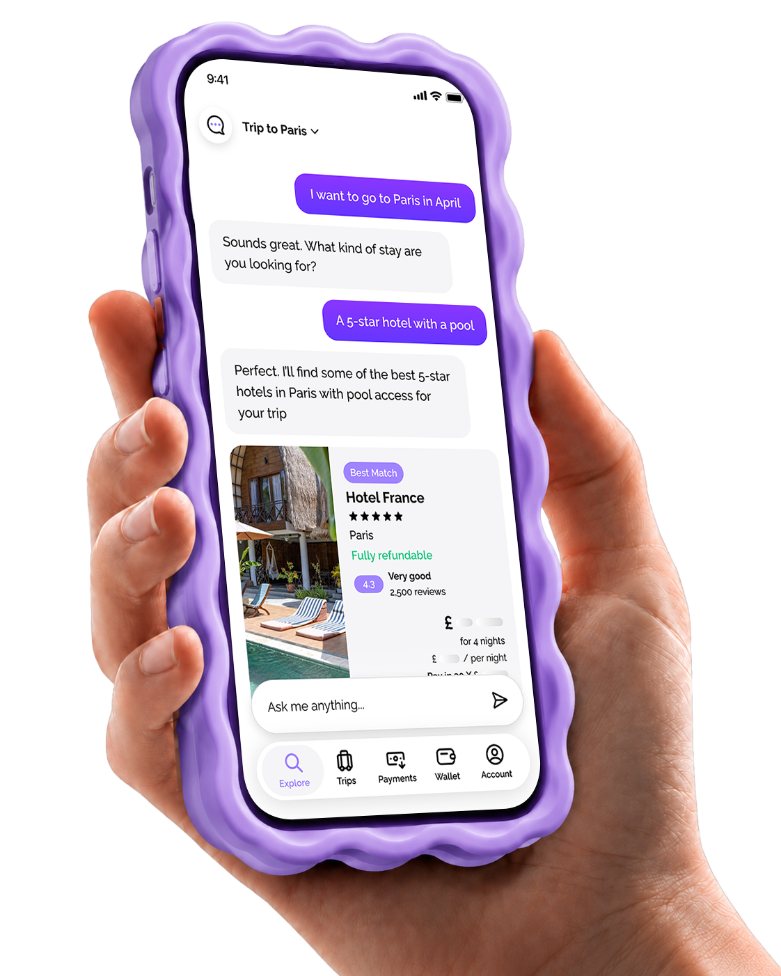 Hand holding a phone showing Vuelo AI hotel search results for Paris
