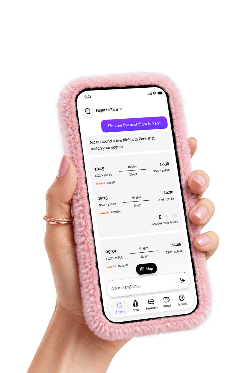 Hand holding a phone showing Vuelo AI flight search results to Paris