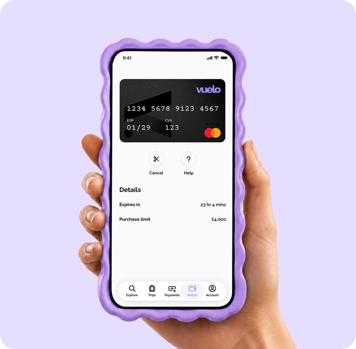 Hand holding a phone showing One-Time Card details in the Vuelo app