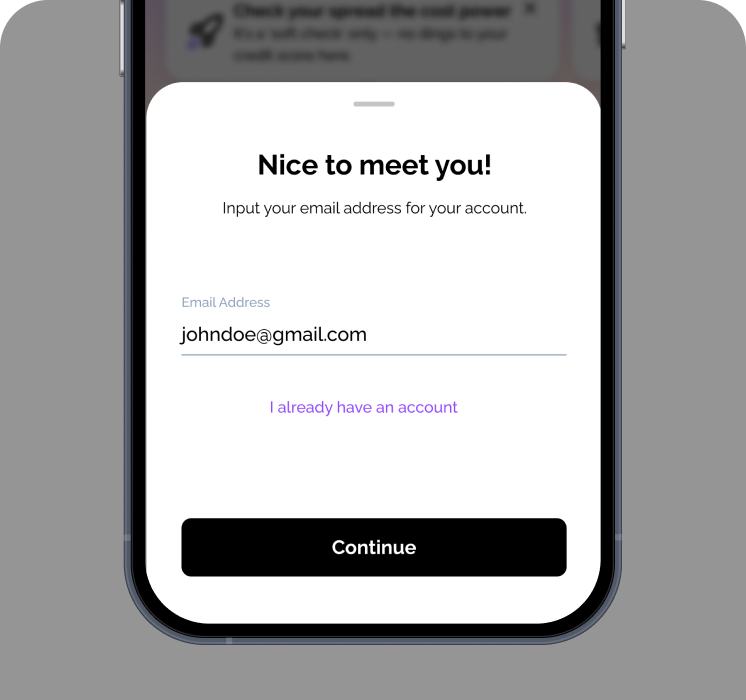 Vuelo app sign-up sheet asking for your email address
