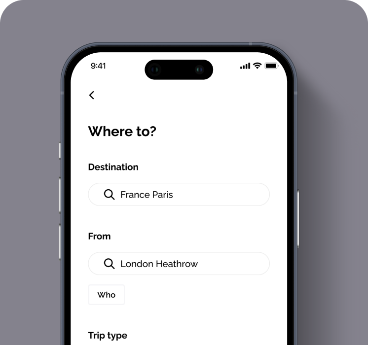 Vuelo AI flight search form asking where you want to go