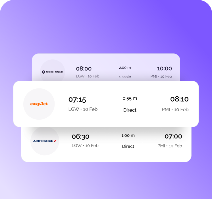 Overlapping flight result rows for easyJet and Air France with times and duration