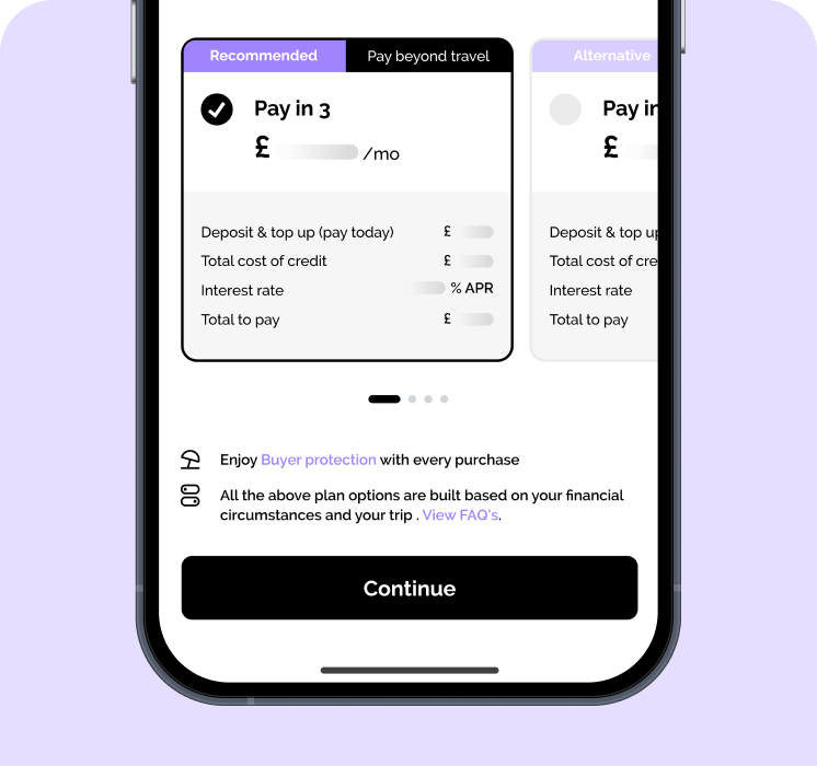 Vuelo app screen choosing a payment plan