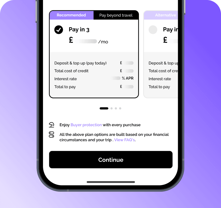 Vuelo app screen choosing between pay in 3 and pay in full