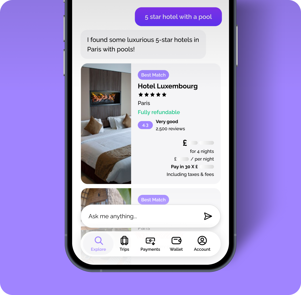 Voya AI chat suggesting 5-star hotels with a pool