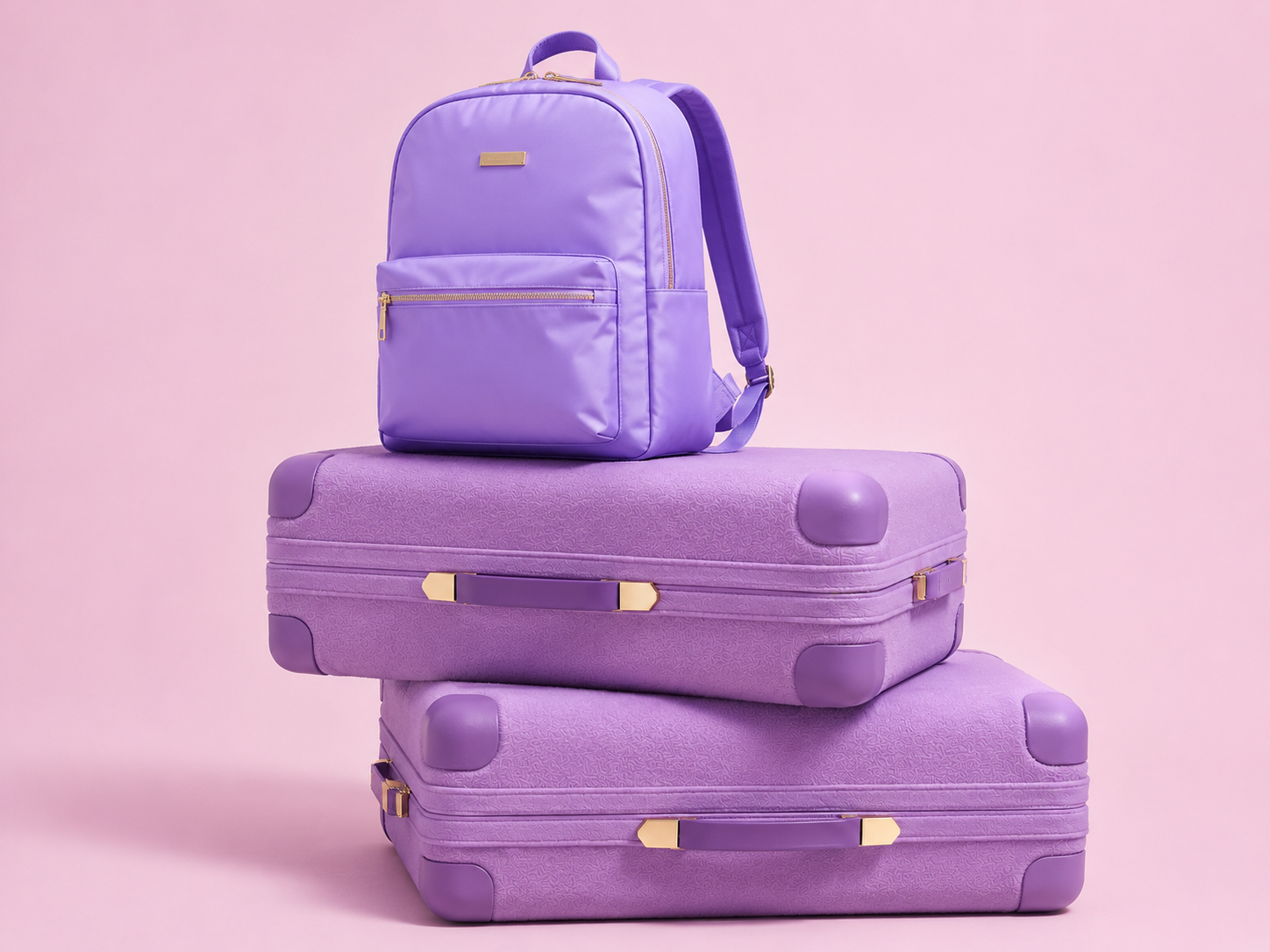 Lilac backpack on a matching suitcase