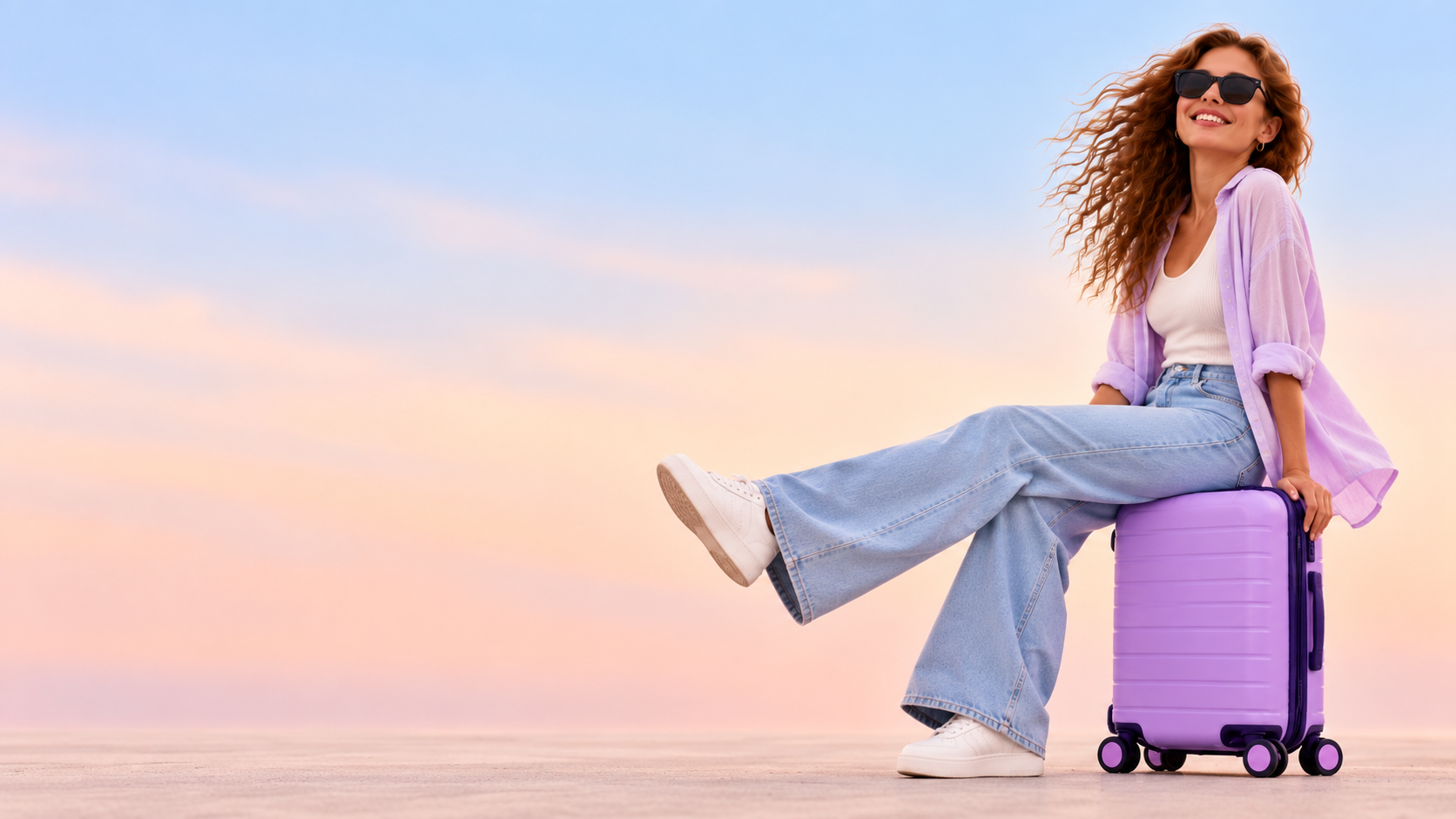 Smiling traveller in a lilac shirt sitting on a purple suitcase