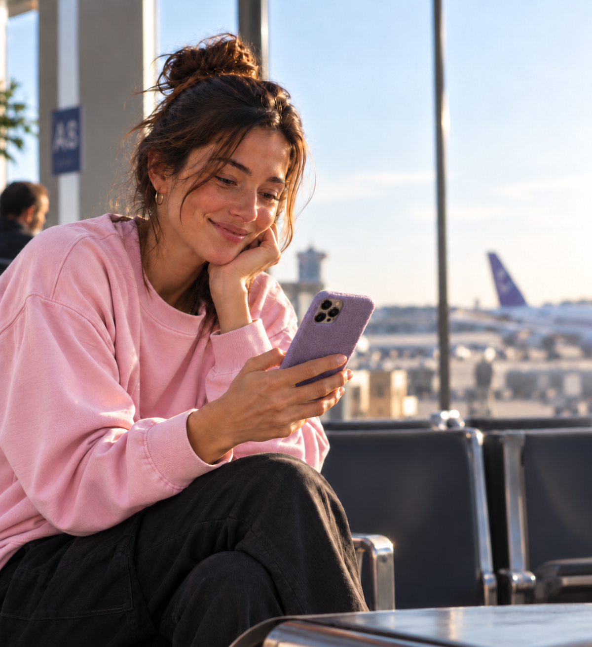Person in a pink jumper smiling at their phone