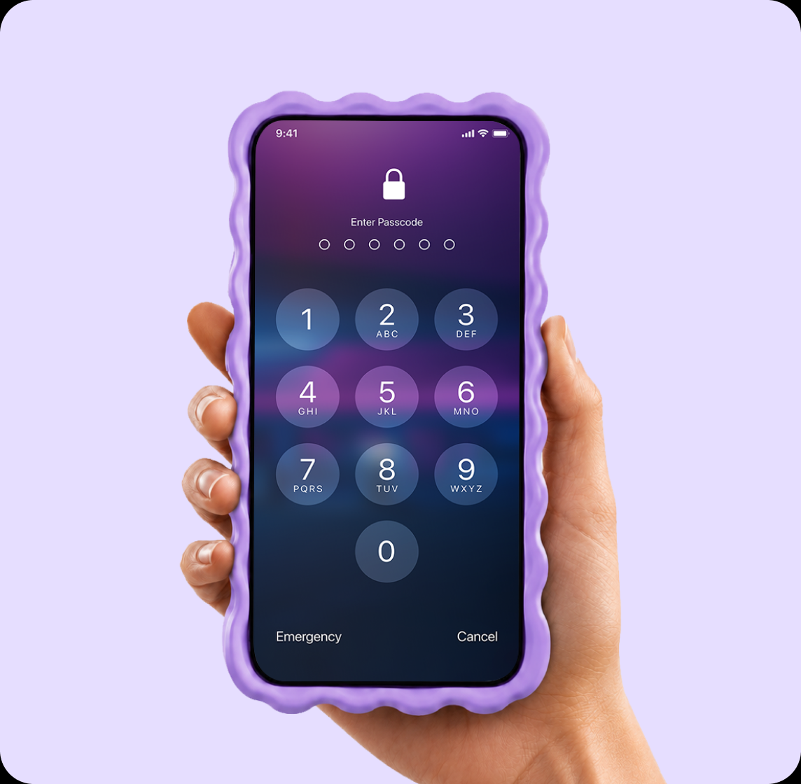 Hand holding a phone showing a passcode lock screen