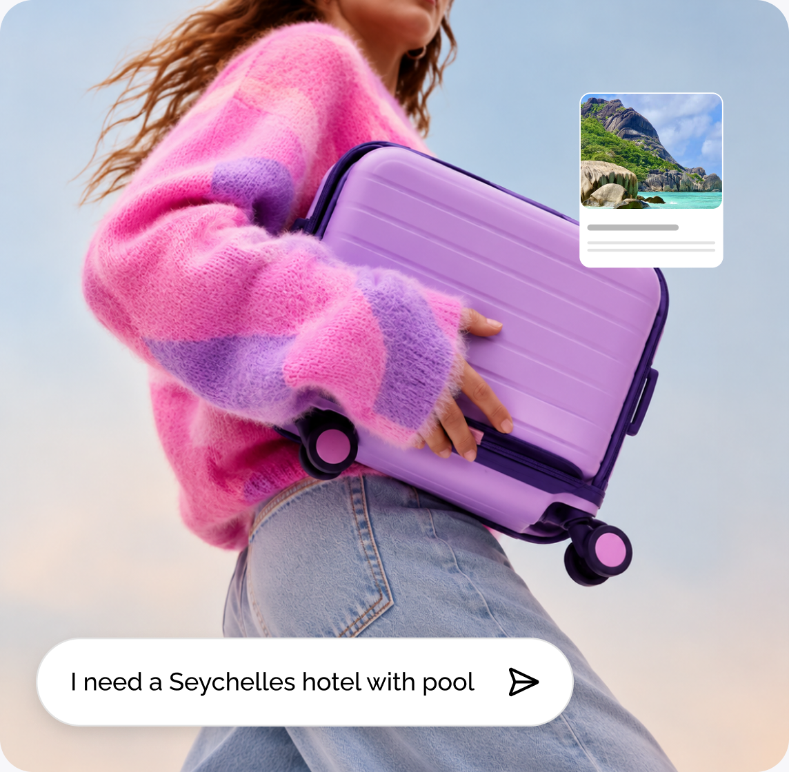Person with a suitcase and a Voya AI suggestion for a Seychelles hotel