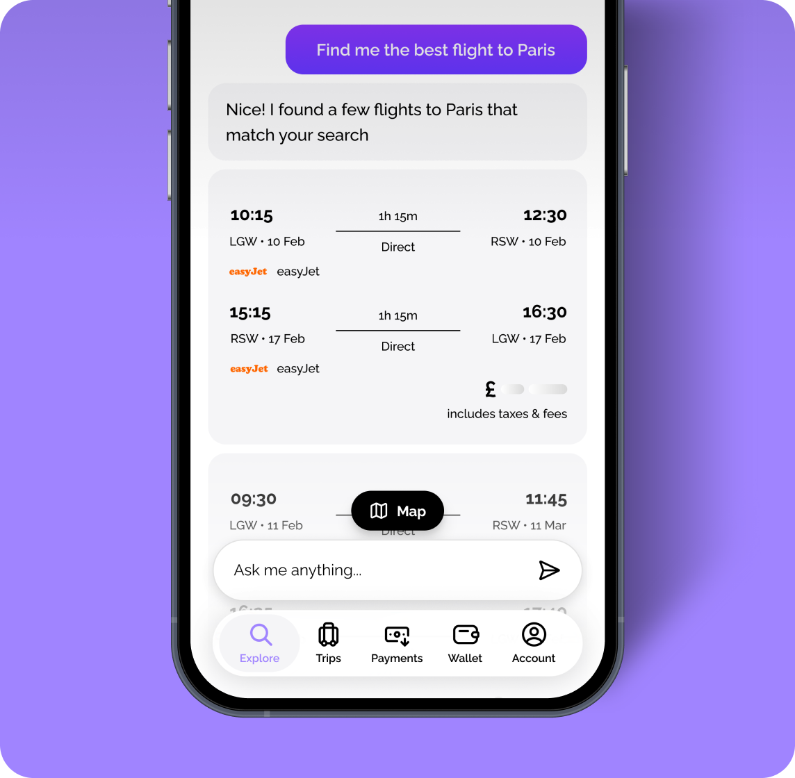 Vuelo AI chat finding the best flight to Paris