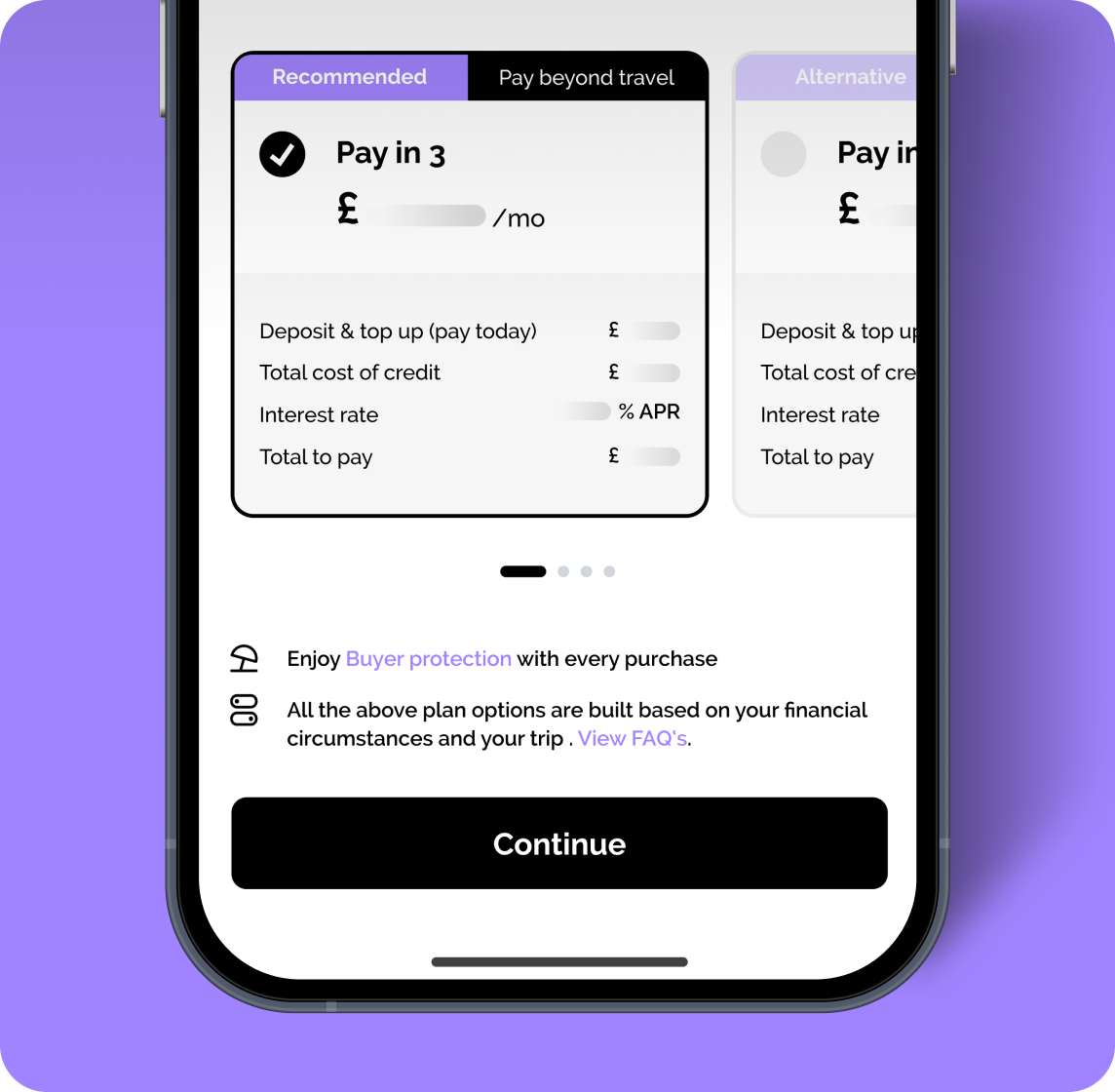 Phone showing a Vuelo Pay in 3 payment plan